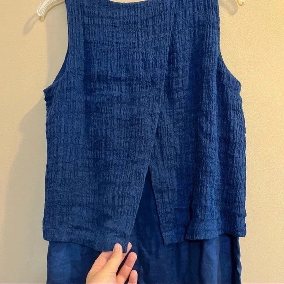 PURE JILL Sleeveless Linen Dress Tiered Overlay Crinkle Lagenlook Blue Petite S - Picture 9 of 12